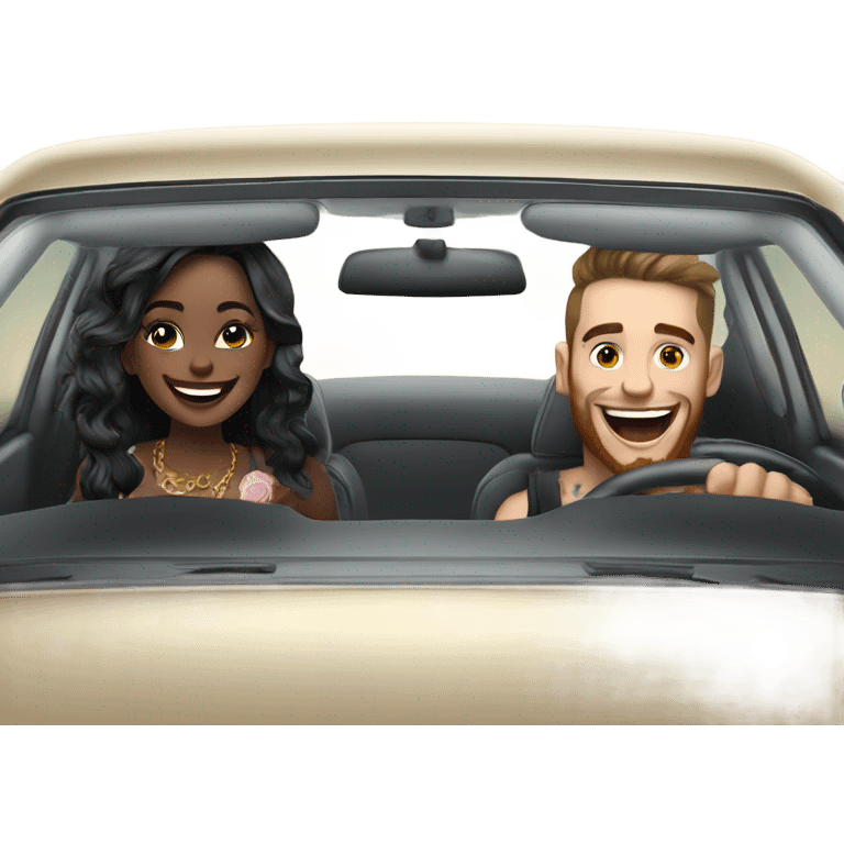 Hyper Realistic beautiful woman and a handsome tattooed man laughing while driving in a fancy car emoji