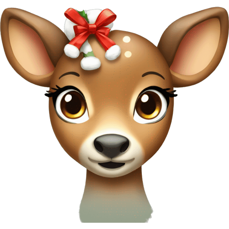 Cute cartoon deer with big eyes and wearing Christmas bow emoji