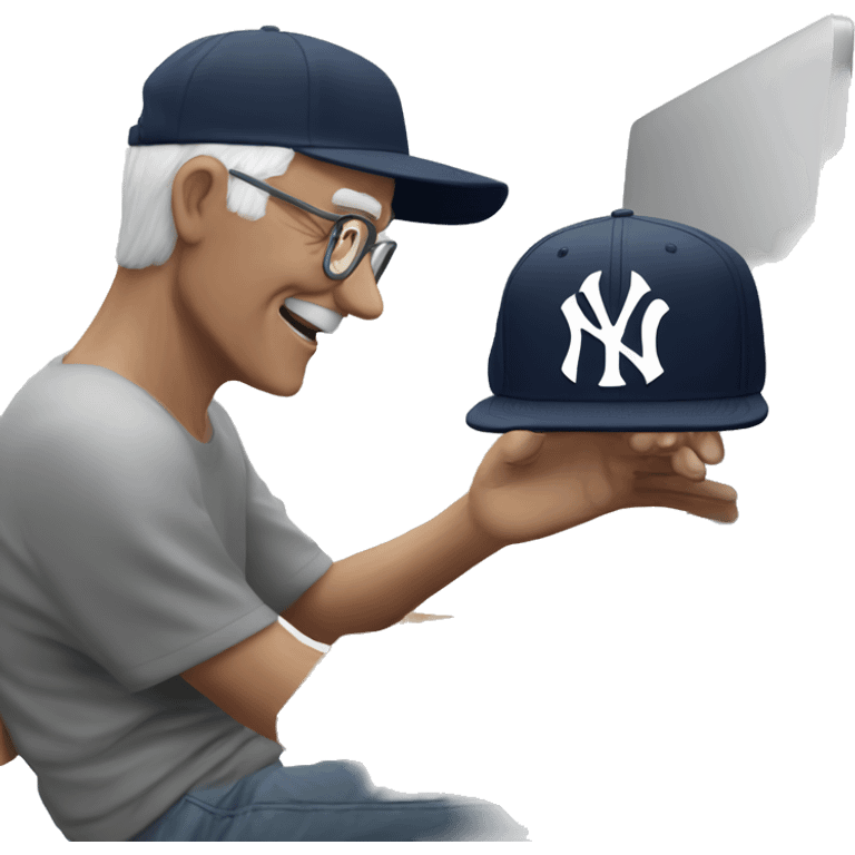 Young man with New York yankees SnapBack hat helping old man to use artificial intelligence on a MacBook  computer emoji