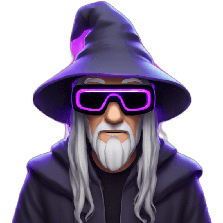 Gandalf wearing a black hoodie with "OMG" letters on it and VR headset in a cyberpunk VR environment with violet neon lighting. emoji