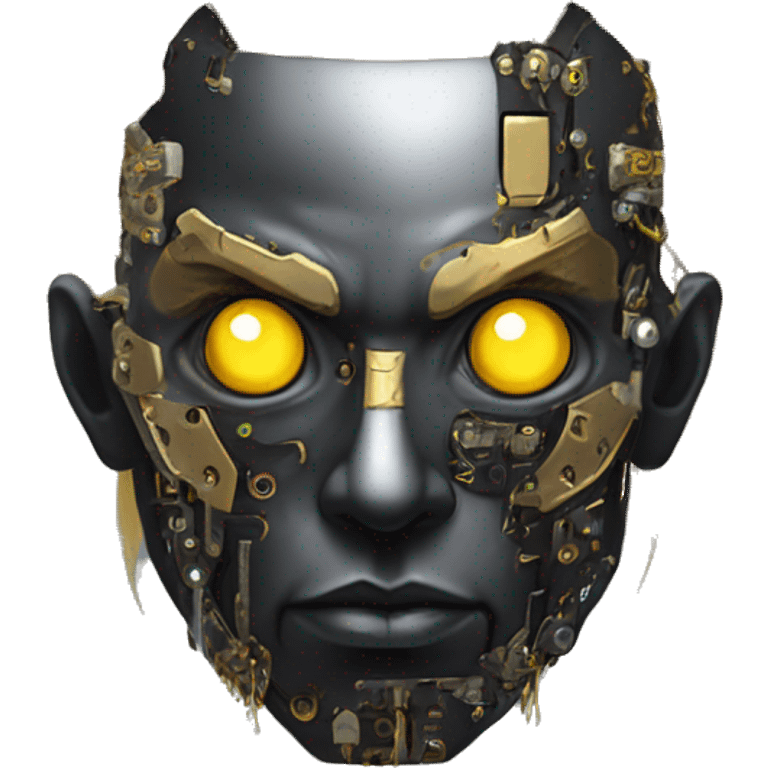 black metal male cyborg head with artificial eyeball, circuitry and dreaded yellow gold hair emoji