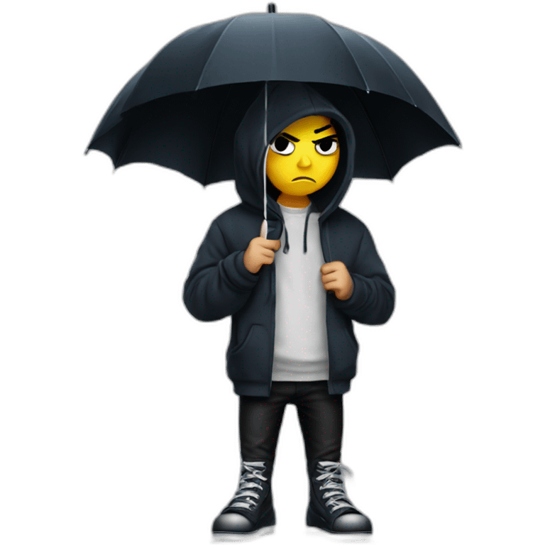 Angry emo kid in hoodie with umbrella in rich owens shoes emoji