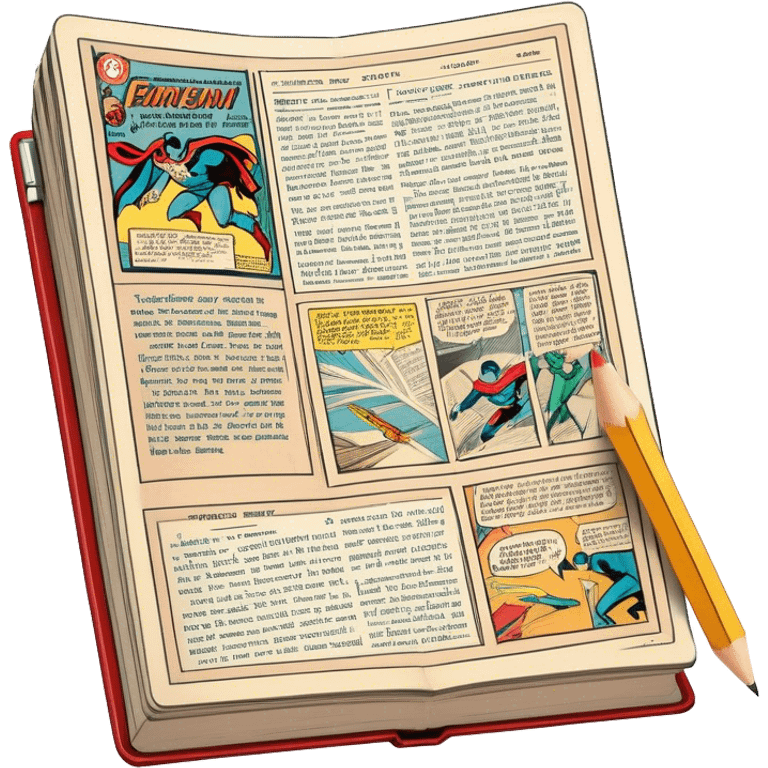 Create a detailed emoji representing the process of writing texts for comic books. The design should feature a large, open comic book with vintage comic strips visible on its pages. A pencil should be shown writing text on one of the comic panels, but without a hand. The pencil should appear as though it is actively creating the dialogue or narration. Use a classic color palette with muted tones for the comic book and brighter accents on the pencil to draw attention to the writing process. Do not include any emojis or smiley faces. Make the background transparent. emoji