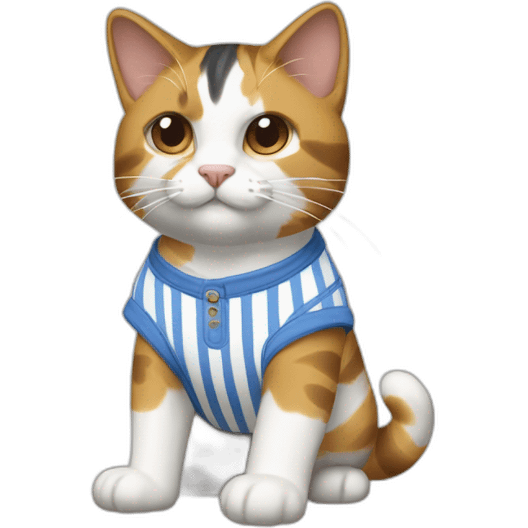 Purradise Meowscles is a buff calico cat  he has a mullet, a floral designed t shirt that is unbuttoned and blue and white stripped shorts emoji