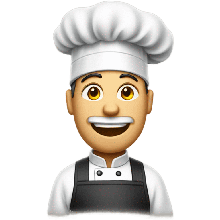 Tall man wearing a chef hat and apron next to a grill emoji