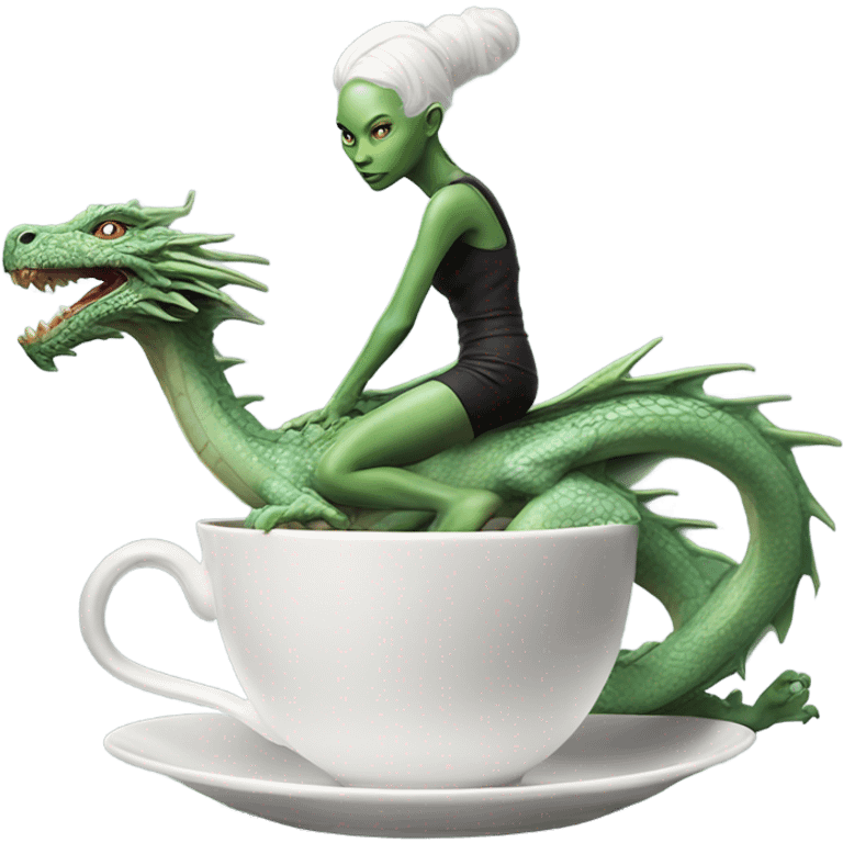 Photo realistic, alien female green,  on ride white china dragon infinite story emoji