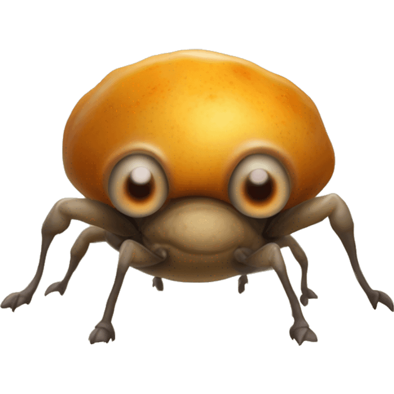 small, bug-like creature with plump bodie that look like potatoe. It has glossy, wrinkled beige skin, a single large glowing orange-yellow eyeball, and four spike-like legs, which allow them to jump and cling to small objects or nets. emoji