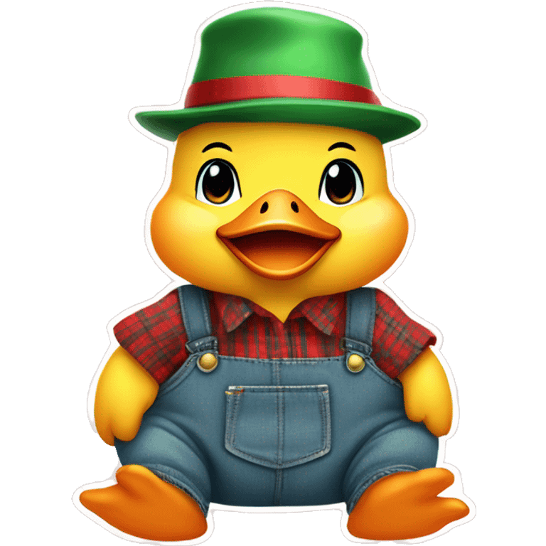 sitting cute fluffy chubby baby duck with hand and wear green hat and red checkered shirt and jeans jumpsuit emoji