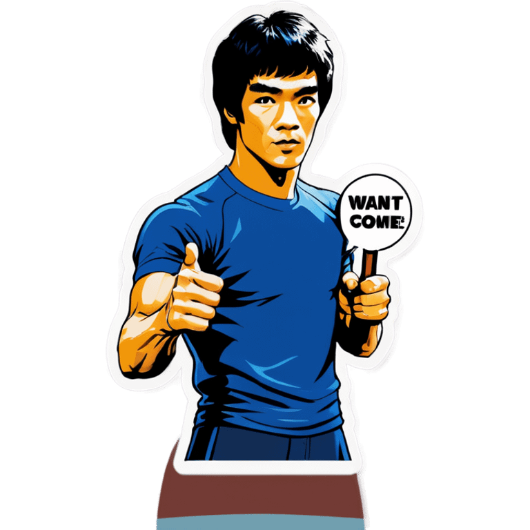 Bruce Lee holds a sign that say WANT SOME COME GET SOME emoji