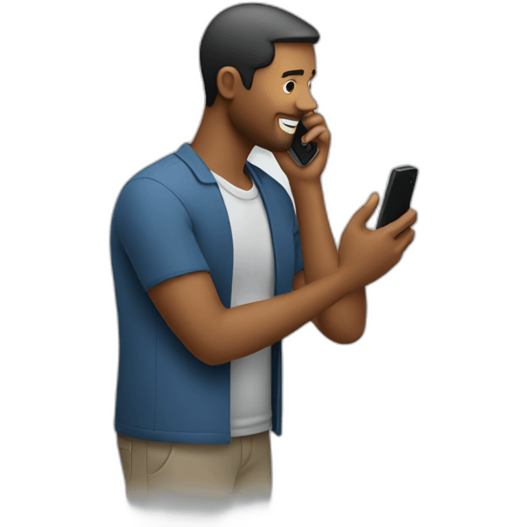 A man talks to his mobile phone sideways emoji