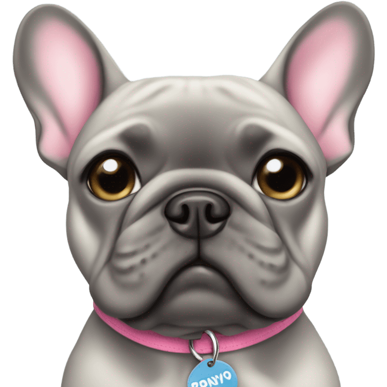 Grey girl French bulldog with pink collar and the name ponyo on the name tag emoji