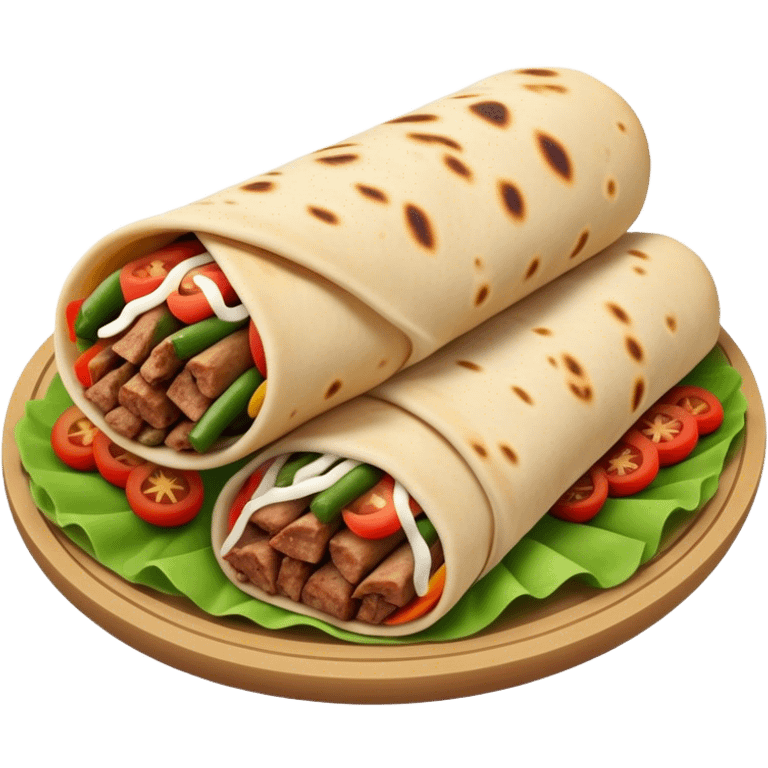 Cinematic Realistic Shawarma Dish Emoji, showcasing spiced, succulent meat wrapped in flatbread with fresh vegetables rendered with lifelike detail and dynamic, appetizing lighting. emoji