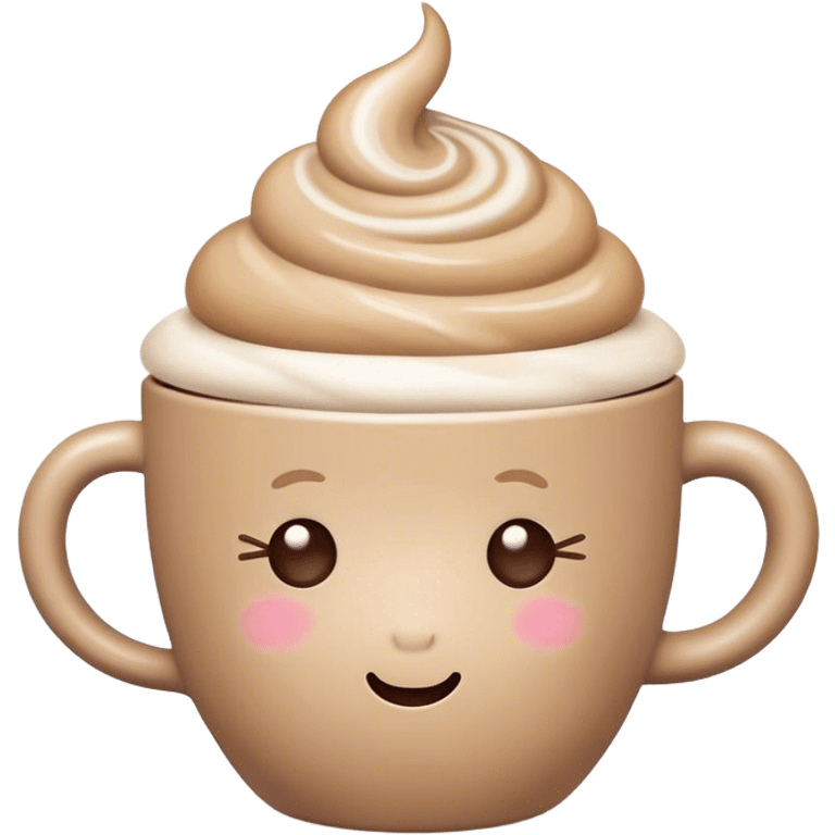 Cute Kawaii Coffee Cup, cozy and warm, a tiny swirl of steam shaped like a heart, round chubby face with a sleepy but content expression, soft pastel brown and cream colors, perfect morning vibes! emoji