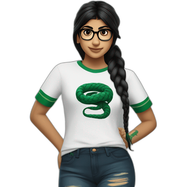 Mia Khalifa black braid white tshirt green sleeves slytherin logo emoji