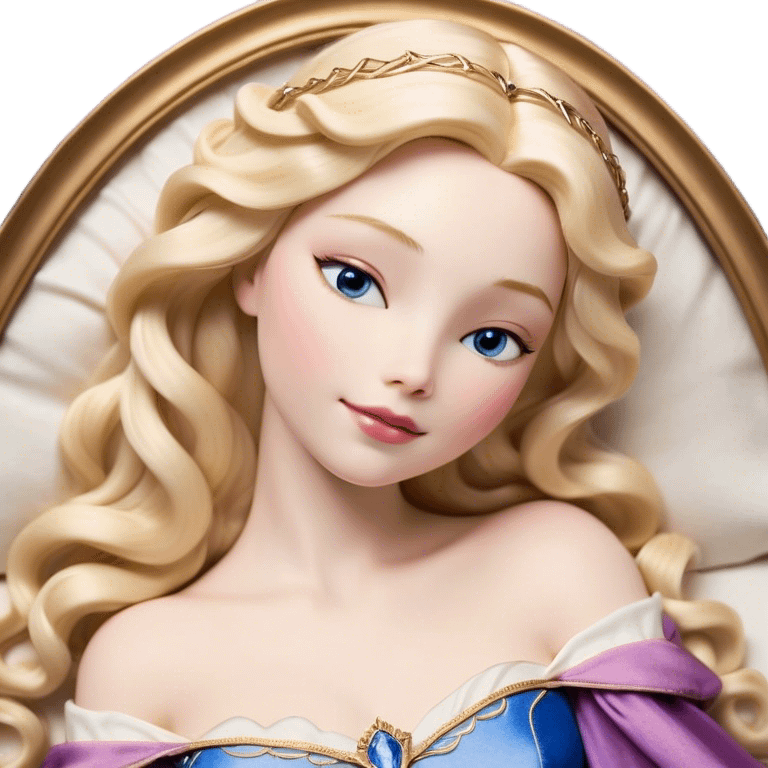 Cinematic Realistic Sleeping Beauty (Aurora) Portrait, with porcelain-like skin featuring a natural rosy flush, illuminated by soft lighting that highlights the gentle contours of her face. Her golden blonde hair flows in soft, detailed waves with subtle highlights that shimmer in the light. Her deep violet-blue eyes radiate warmth and innocence, framed by arched brows and long lashes. With a soft, serene smile, she holds a delicate rose gently in one hand, her other hand resting lightly by her side. She is dressed in her classic pink gown, the fabric rich in texture with delicate folds that catch the light. A golden crown rests atop her head, gleaming with royal refinement. The portrait captures a soft, glowing aura, blending realism with an ethereal sense of beauty and timeless enchantment. emoji