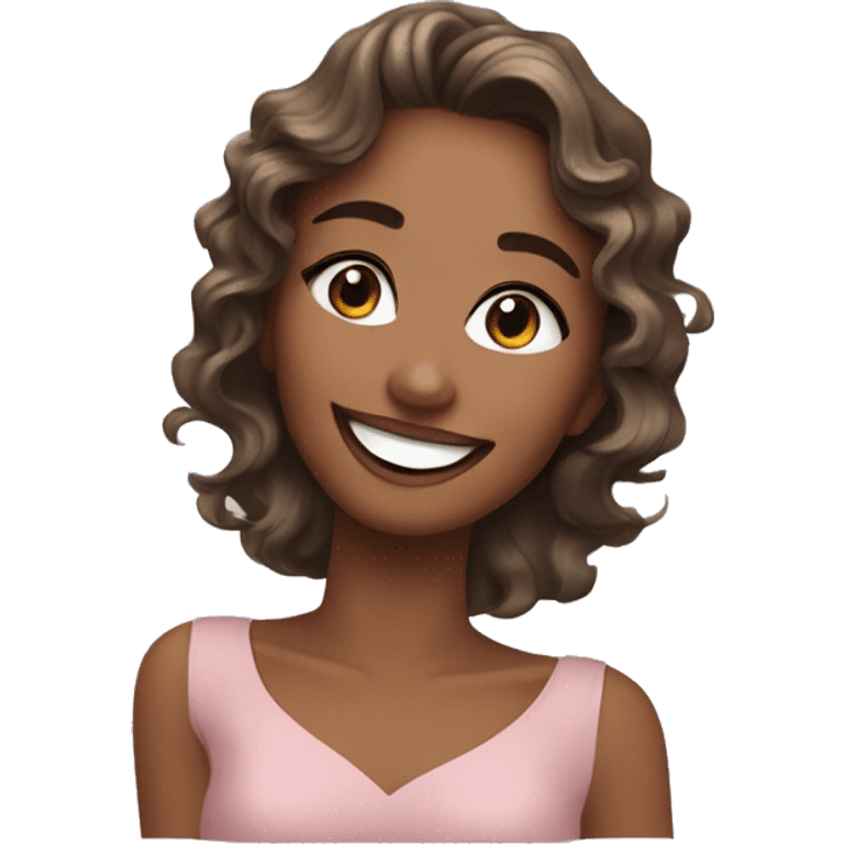 An emoji of a smiling woman with wavy, shoulder-length hair, wearing sparkling eye makeup and a soft, friendly expression. One hand gently touches her face, showcasing her elegance and joy emoji