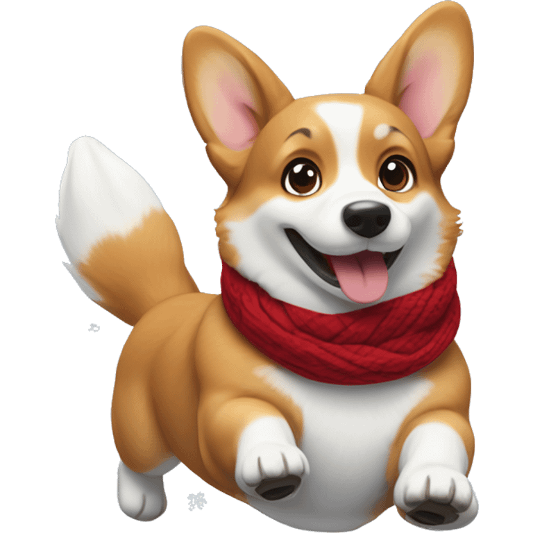 Playful corgi sliding on snow, wearing a red scarf, and leaving a trail of paw prints behind emoji