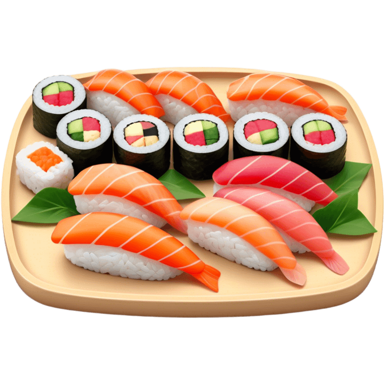 Cinematic Realistic Sushi Dish Emoji, depicted as an artful arrangement of fresh sushi with vibrant colors rendered with lifelike textures and delicate, natural lighting. emoji