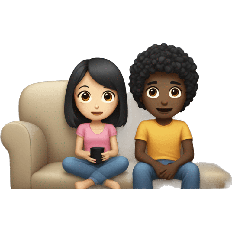 Asian girl, which has straight hair, and black boy, which had curly hair, as a couple cozying together on a couch watching a movie emoji