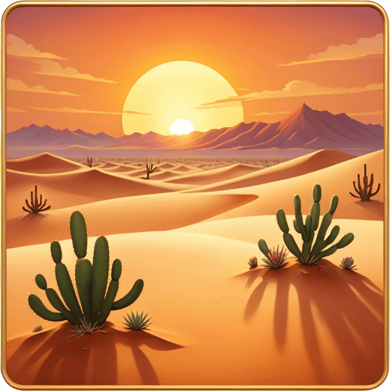 Cinematic Realistic Desert Emoji in a frame, Expansive and arid, with vast stretches of golden sand dunes and scattered cacti, the sun casting a warm, almost orange glow over the dry, cracked earth. The horizon blurs into a heat shimmer, while the occasional desert flower adds a splash of color to the barren landscape. Soft glowing outline, capturing the essence of the harsh yet stunning beauty of the desert, calm and quiet, filled with silence and mystery. emoji