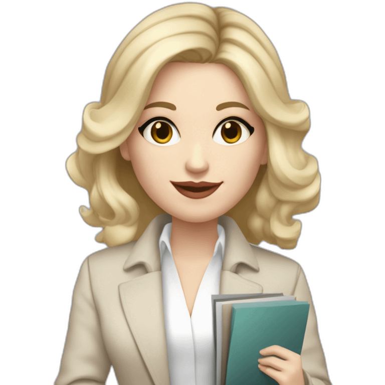 pale skin woman interior designer with cold blonde middle length hair, gray eyes, White oversize jacket, beige blouse, Gray skirt holding a color palette in the hands emoji