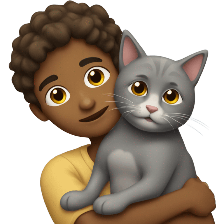 brown boy cuddling a grey cat emoji