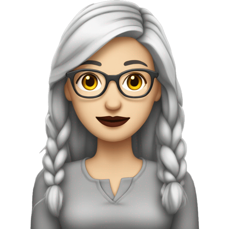 Attractive Caucasian woman with long straight grey hair worn in a braid, she has brown eyes, and is wearing wire frame glasses with dark red lipstick, she has a slightly  chubby face emoji