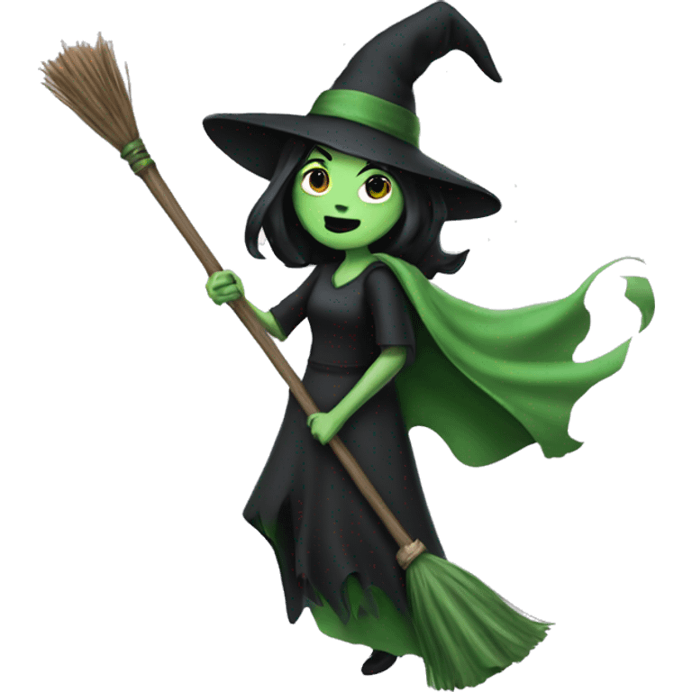 Green witch with black hair on broom stick  emoji