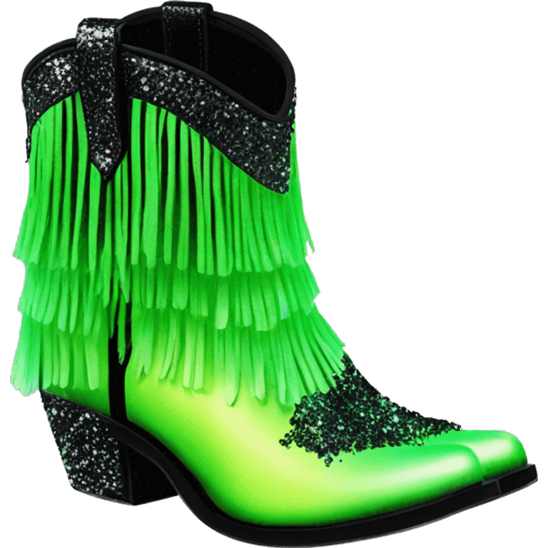 Realistic neon green to black ombre pair of fashion cowgirl boots with sparkly shiny glitter fringe on them. emoji