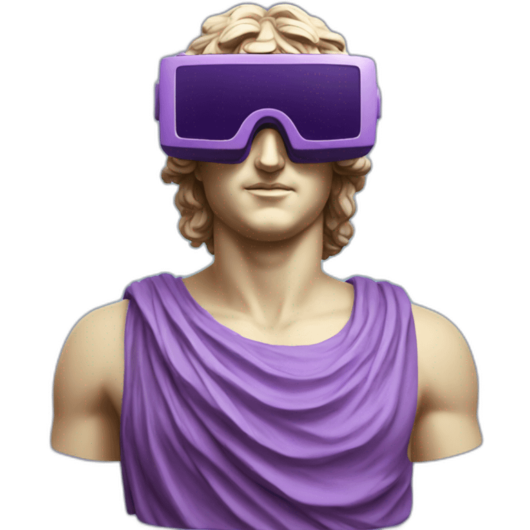 an EMOJI OF A ancient young greek statue, wearing VR headset, purple colors, DIGITAL UNIVERSE emoji