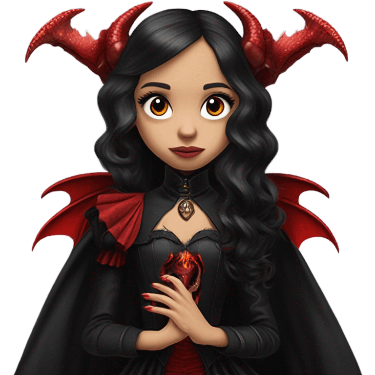 surprised Lavish Victorian black evening gown with see-through gloves, Jenna Ortega as Addams girl Jedi wearing a steampunk mini tiara, very large blood red evil-looking horned dragon emoji