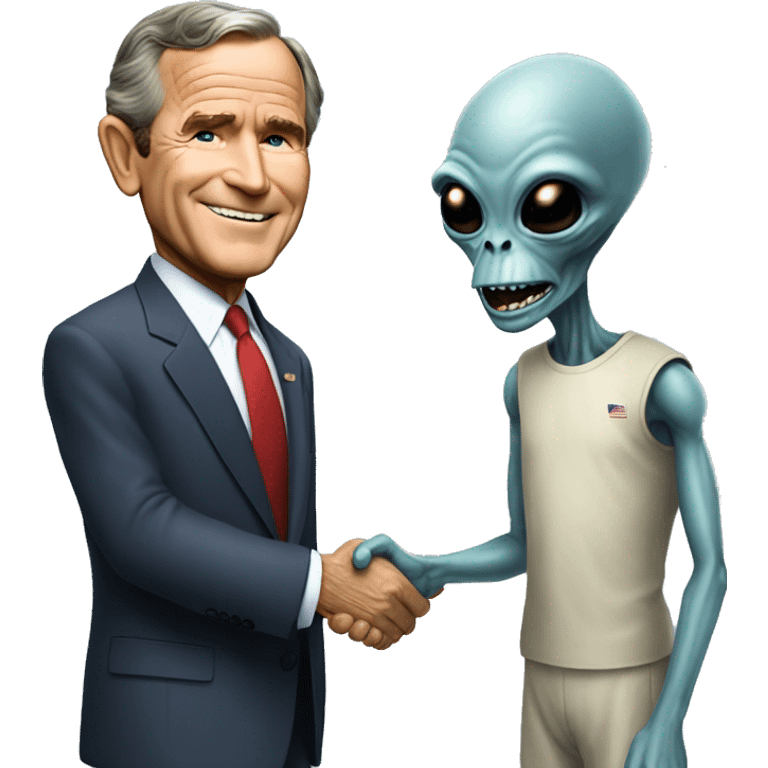 George Bush shakes hands with a grey Alien emoji