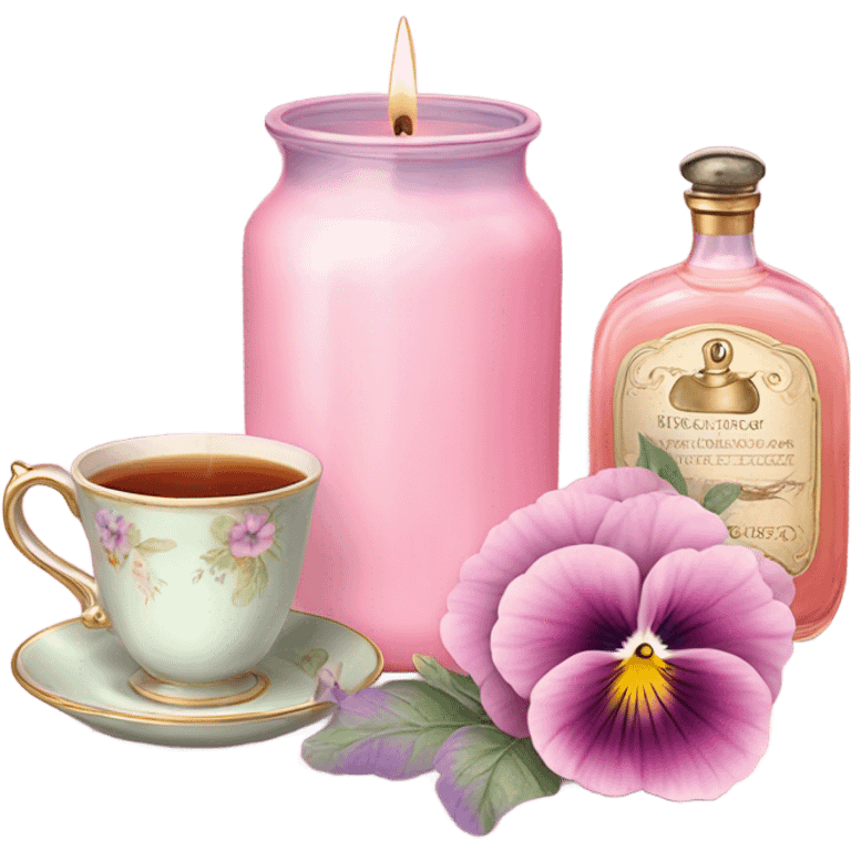 A cozy aesthetic: a pink candle in a glass jar, pastel pink pansies, a vintage perfume bottle, and a cup of steaming tea. emoji