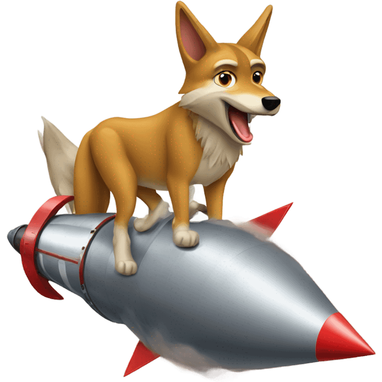 A coyote riding a rocket emoji