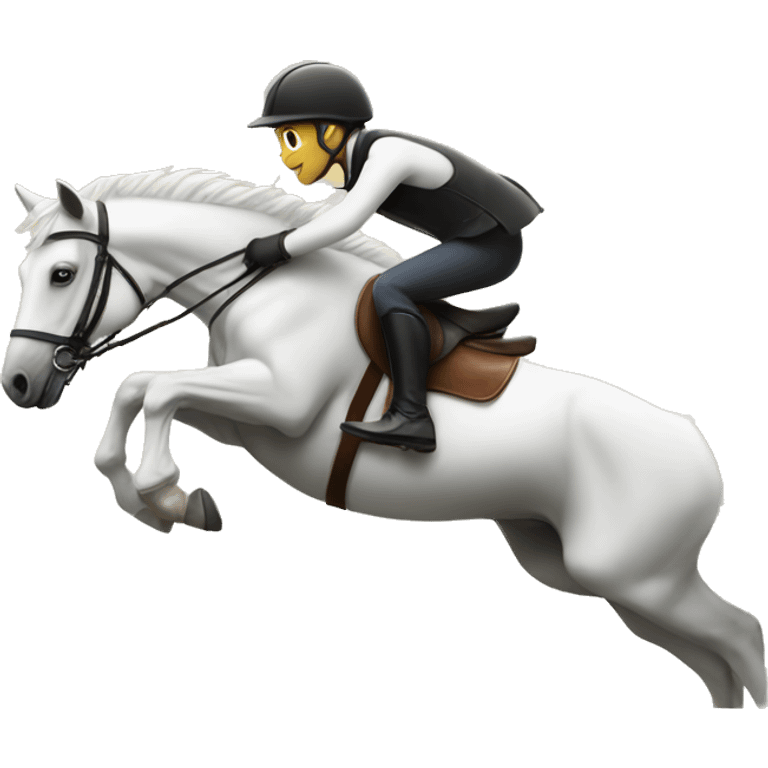 Rider and white horse jumping a fence emoji