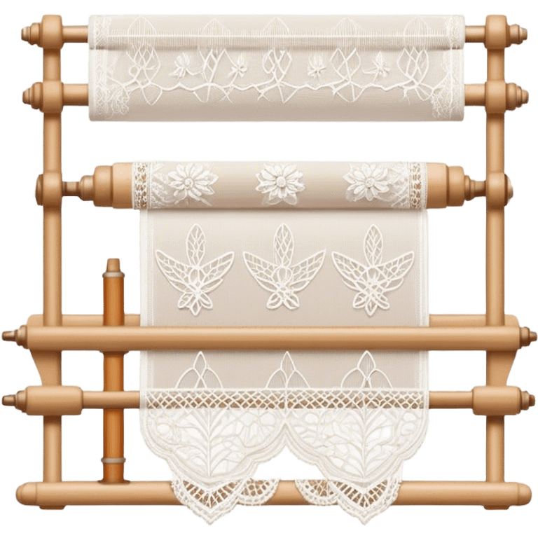 Lace making icon, lace patterns in progress, shuttle, thread, bobbins, intricate details, minimalistic style, clean lines, transparent background. emoji