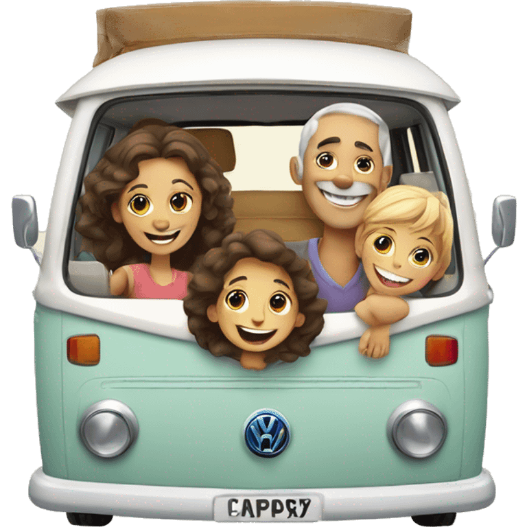 happy and smiling family in vw combi camper van emoji