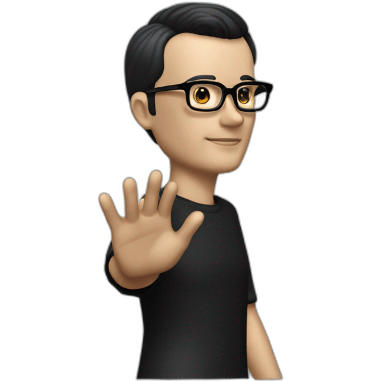 small photo realistic left arm waving Ralf Hutter from Kraftwerk, short straight black hair, Dark Brown eyes, black glasses, thin, black shirt, side view emoji