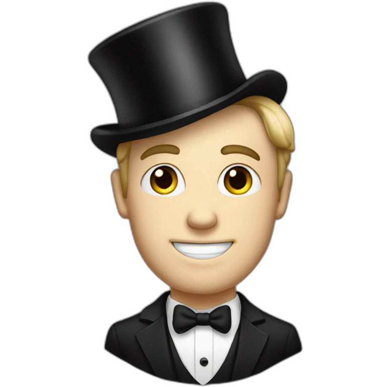 Full head young man, white bow tie, black suit and top hat, emoji