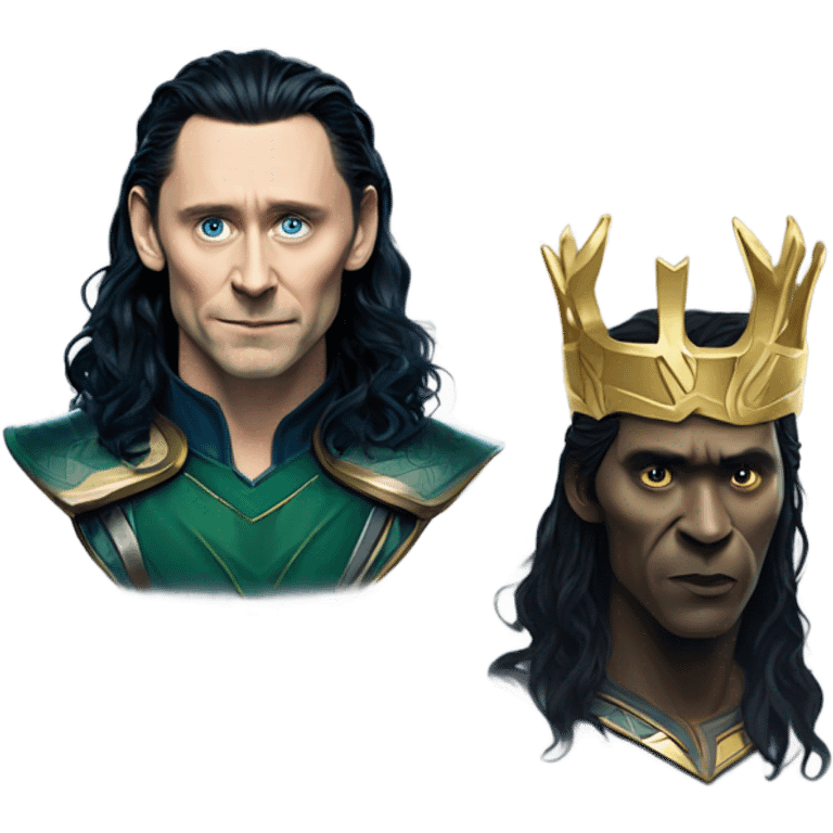 Loki with tom Hiddleston face ,black rawen hair bit wawy,mid hair, blue skin tone with some depper blue wains and accident looking symbols not much noticable like In Thor 1 when Loki turns into a frost giant ,gold crown with horns emoji