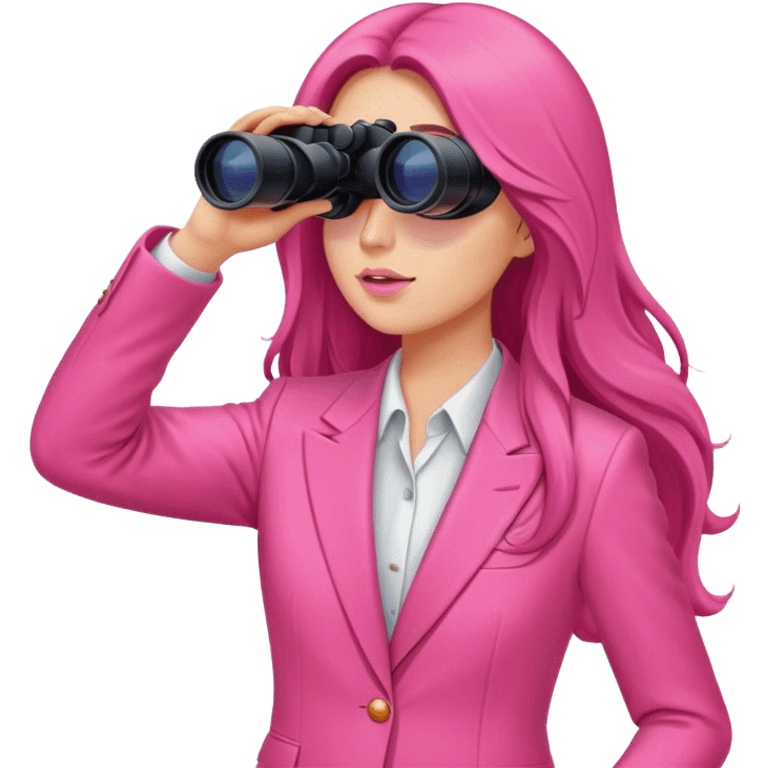 woman with long hair in an intensive color pink suit looking through binoculars emoji