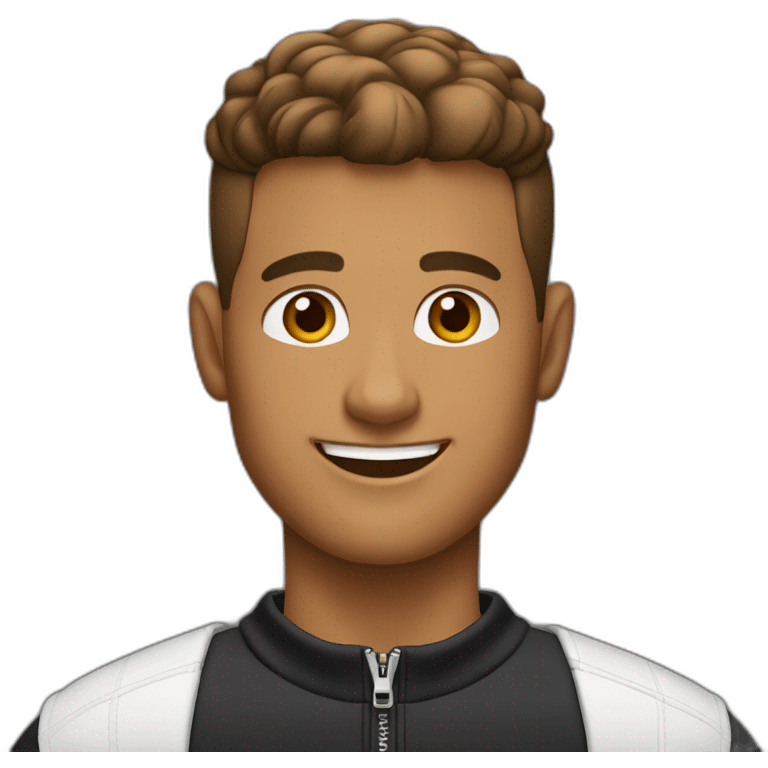 Smiling guy, barber fade haircut, wearing a black quarter zip sweater with white tee shirt under, tan skin tone, working on Mac book emoji