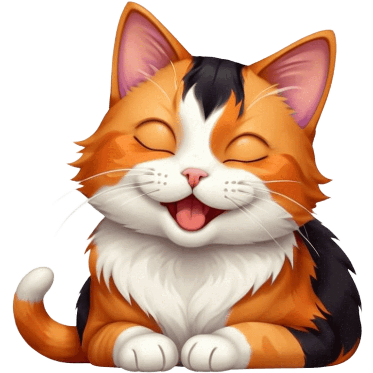 Cinematic Cute Yawning Calico Cat Portrait Emoji, Head tilted mid-yawn with a charming, relaxed expression, showcasing a soft patchwork fur of vibrant orange, black, and white, simplified yet irresistibly adorable, highly detailed, glowing with a cozy, gentle radiance, high shine, exuding sleepy yet endearing charm, styled with a soft glowing outline, capturing the essence of a calico cat caught in a delightful yawn that seems ready to cuddle up for a nap! emoji