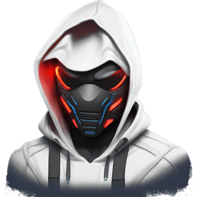 developer behind his laptop with this style : crysis Cyberpunk Valorant neon glowing bright red character blue black hooded assassin themed character emoji