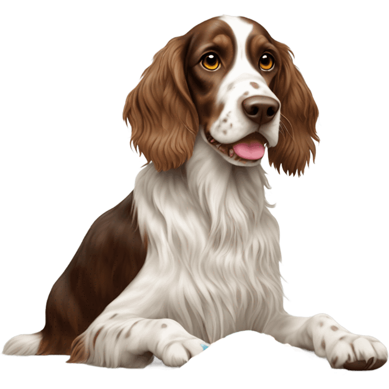 Brown and white English setter eating lucky charms emoji