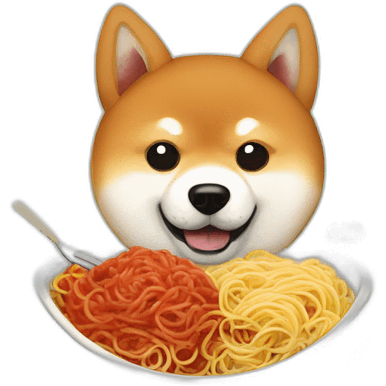 A Shiba Inu who eats spaghetti Bolognese with meatballs on a plate emoji