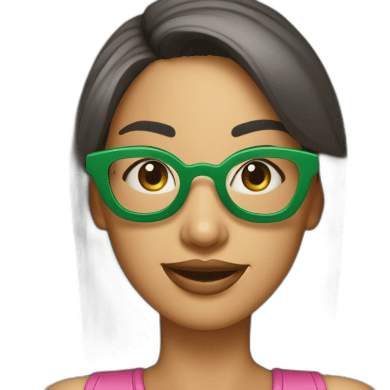 Chica mediana edad con gafas verdes, sonrisa amplia y labios pintados de rosa emoji