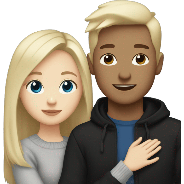 dark Blonde girl with blue eyes in black sweater and an east asian with light skin man with black hair and black eyes hugging emoji