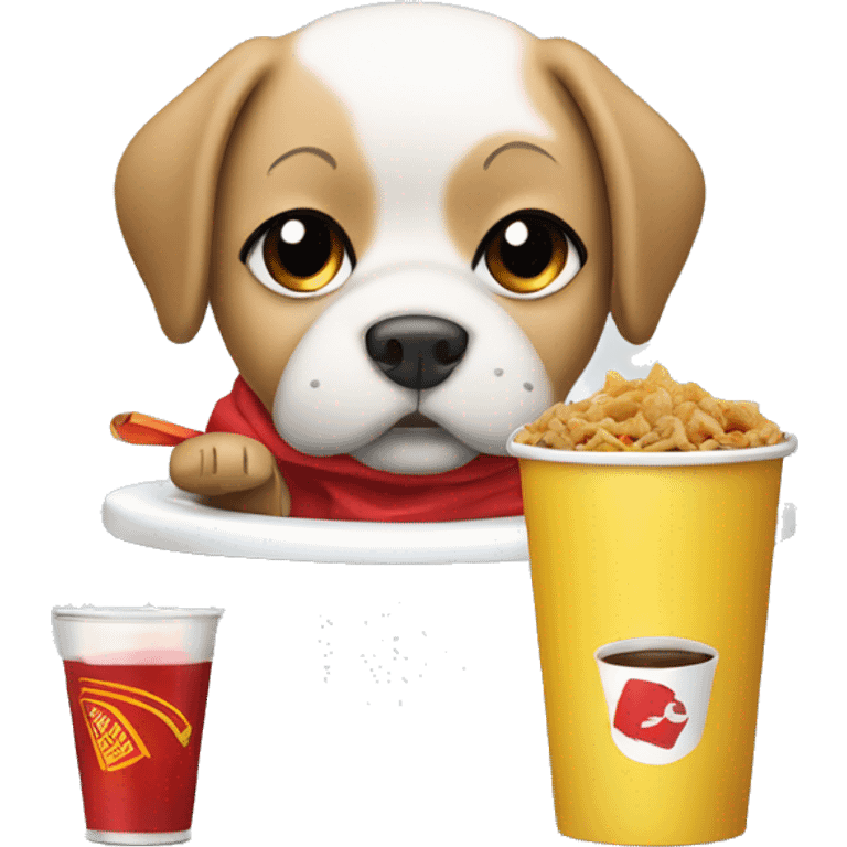 Dog in a toilet eating Chinese food while driving a Porsche and drinking a cola emoji