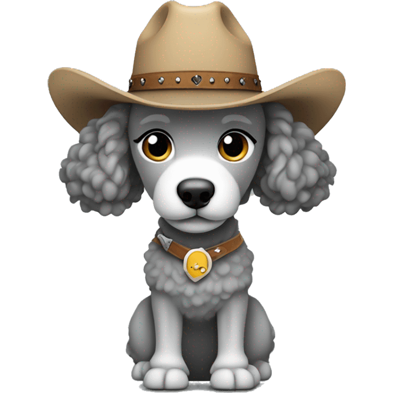 Grey poodle standing with cowboy hat mini skirt and cowgirl boots emoji